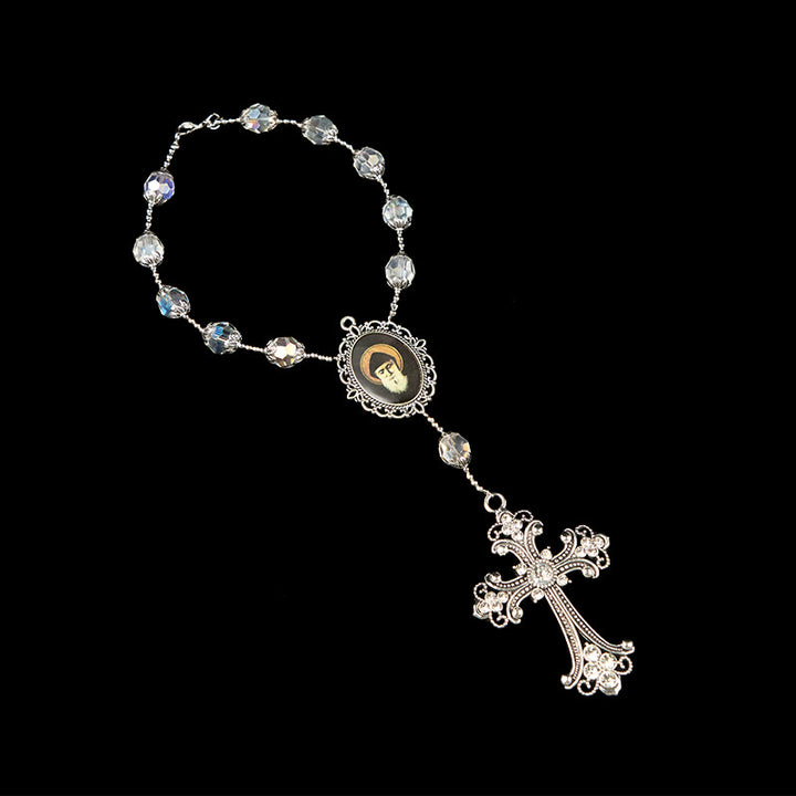 Christianartworkshop St. Charbel-Medaille und Kreuz aus 10 mm klarem Kristall, ein Jahrzehnt Taschenrosenkranz