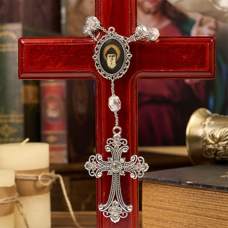 Christianartworkshop St. Charbel-Medaille und Kreuz aus 10 mm klarem Kristall, ein Jahrzehnt Taschenrosenkranz