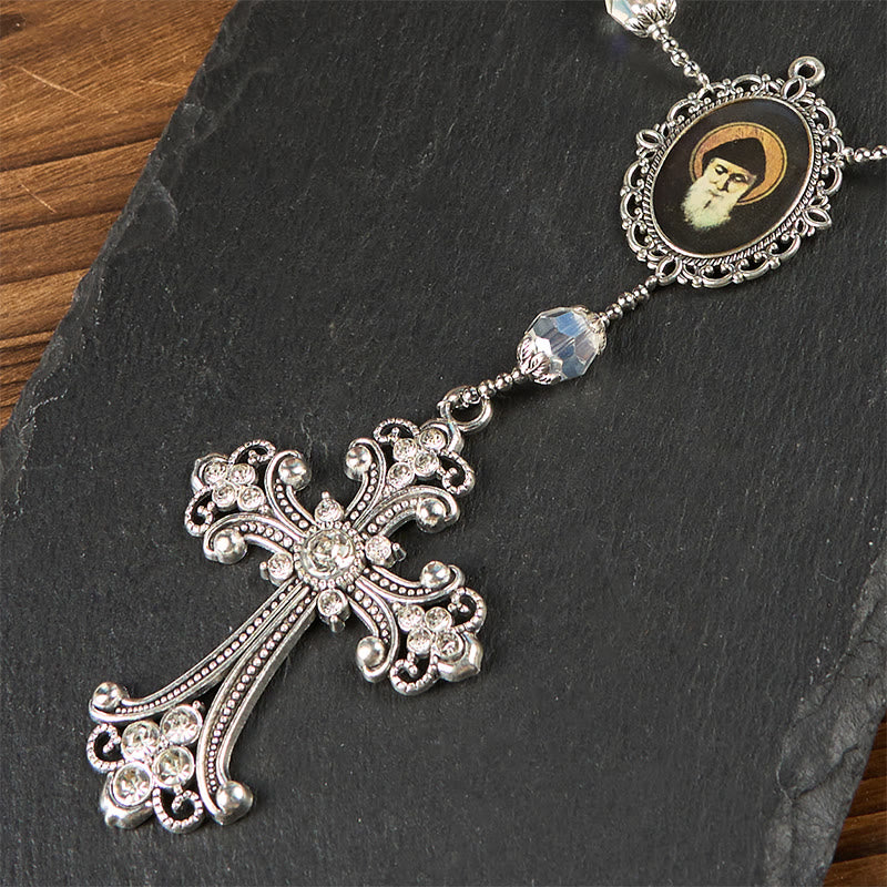 Christianartworkshop St. Charbel-Medaille und Kreuz aus 10 mm klarem Kristall, ein Jahrzehnt Taschenrosenkranz