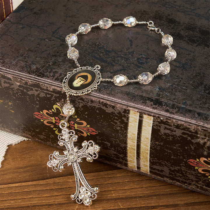 Christianartworkshop St. Charbel-Medaille und Kreuz aus 10 mm klarem Kristall, ein Jahrzehnt Taschenrosenkranz