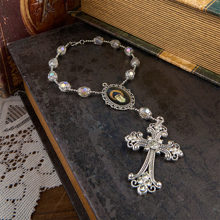 Christianartworkshop St. Charbel-Medaille und Kreuz aus 10 mm klarem Kristall, ein Jahrzehnt Taschenrosenkranz