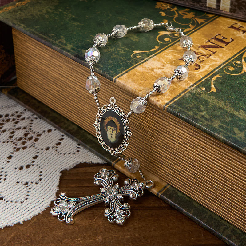 Christianartworkshop St. Charbel-Medaille und Kreuz aus 10 mm klarem Kristall, ein Jahrzehnt Taschenrosenkranz