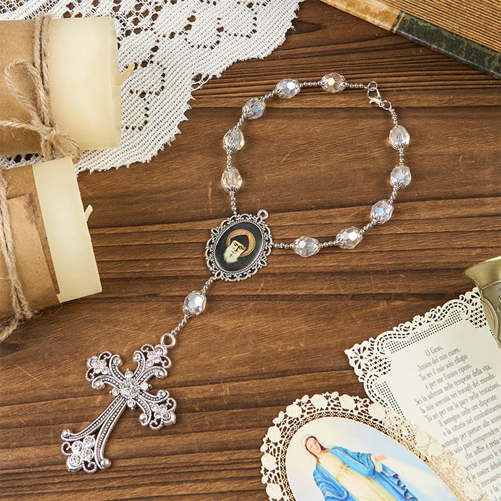 Christianartworkshop St. Charbel-Medaille und Kreuz aus 10 mm klarem Kristall, ein Jahrzehnt Taschenrosenkranz