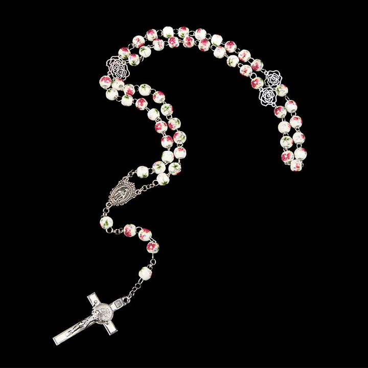 Christianartworkshop Wundertätige Medaille und Kruzifix aus 8 mm rosa Blumen-Keramikperlen, Gebetsrosenkranz