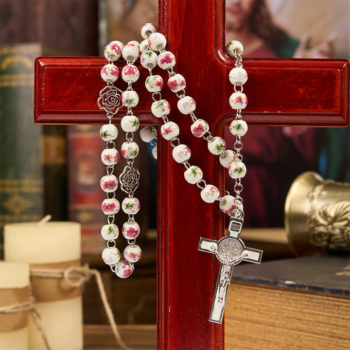 Christianartworkshop Wundertätige Medaille und Kruzifix aus 8 mm rosa Blumen-Keramikperlen, Gebetsrosenkranz