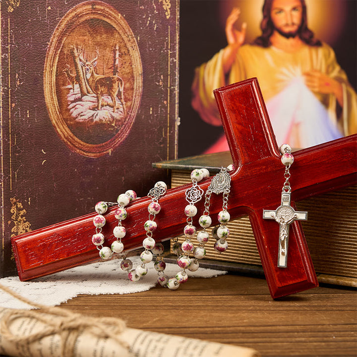 Christianartworkshop Wundertätige Medaille und Kruzifix aus 8 mm rosa Blumen-Keramikperlen, Gebetsrosenkranz