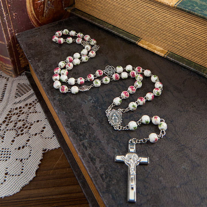Christianartworkshop Wundertätige Medaille und Kruzifix aus 8 mm rosa Blumen-Keramikperlen, Gebetsrosenkranz