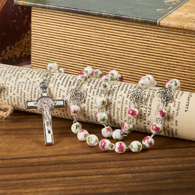 Christianartworkshop Wundertätige Medaille und Kruzifix aus 8 mm rosa Blumen-Keramikperlen, Gebetsrosenkranz