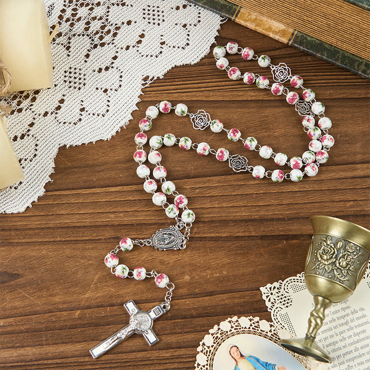 Christianartworkshop Wundertätige Medaille und Kruzifix aus 8 mm rosa Blumen-Keramikperlen, Gebetsrosenkranz