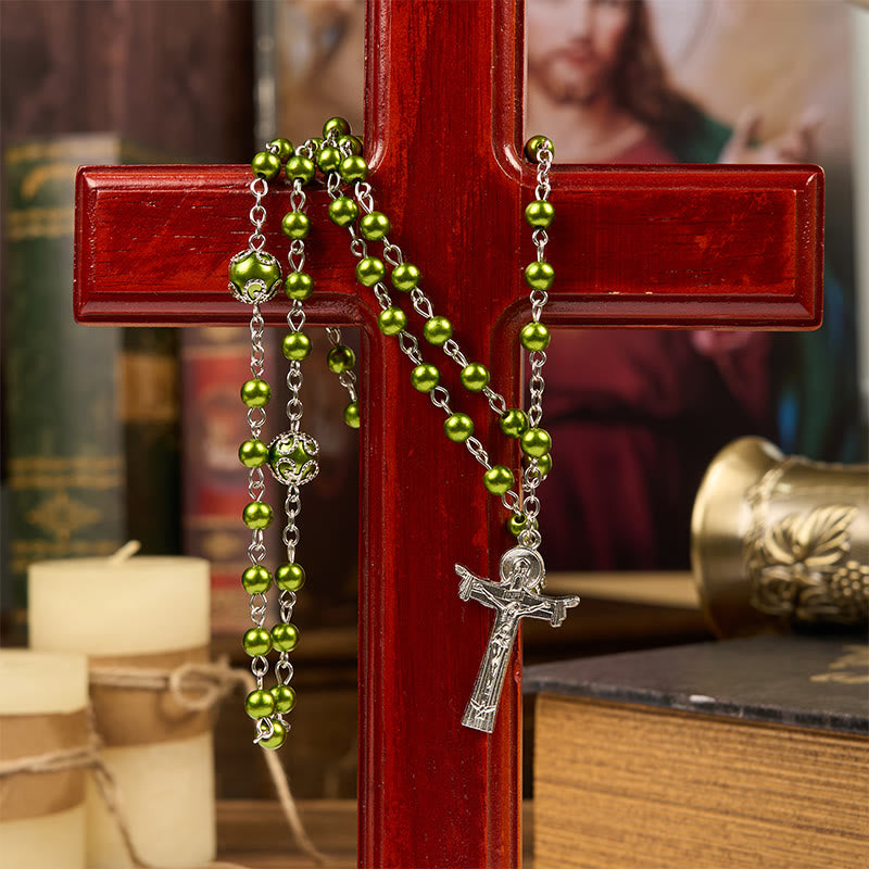 Christianartworkshop St. Benedikt-Medaille und Dreifaltigkeitskreuz, 6 mm, grüne Blumenkugel, Gebetsperlen, Rosenkranz