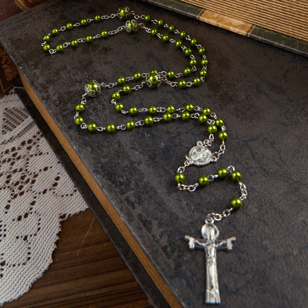 Christianartworkshop St. Benedikt-Medaille und Dreifaltigkeitskreuz, 6 mm, grüne Blumenkugel, Gebetsperlen, Rosenkranz