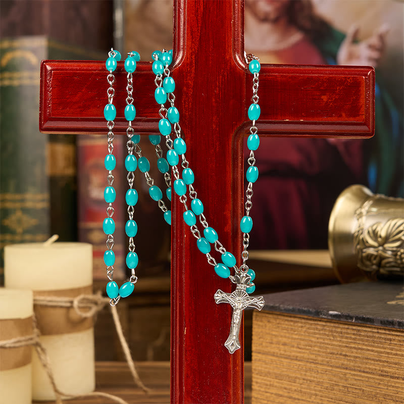 Christianartworkshop Rosenkranz mit Gebetsperlen aus aquablauem Kristall, Heilige Gail und Kruzifix, 6 mm