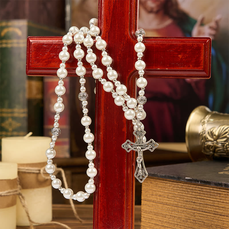 Christianartworkshop Wundertätige Medaille und Kruzifix aus 8 mm weißen Perlen, Gebetsperlen, Rosenkranz