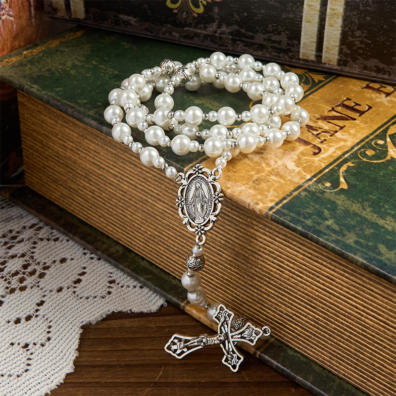 Christianartworkshop Wundertätige Medaille und Kruzifix aus 4 mm weißen Perlenkugeln, Gebetsperlen, Rosenkranz - image 5