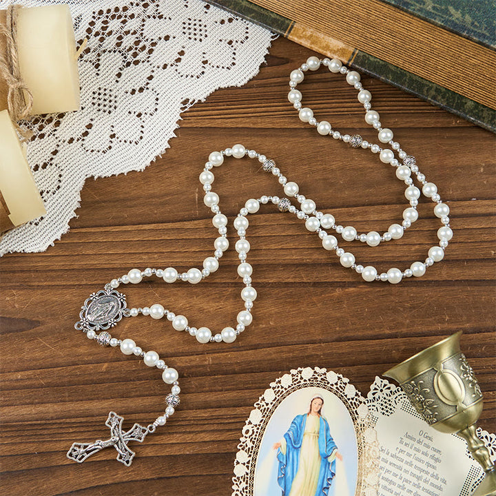 Christianartworkshop Wundertätige Medaille und Kruzifix aus 8 mm weißen Perlen, Gebetsperlen, Rosenkranz