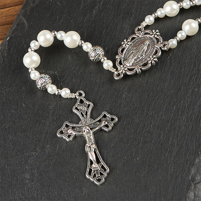 Christianartworkshop Wundertätige Medaille und Kruzifix aus 8 mm weißen Perlen, Gebetsperlen, Rosenkranz