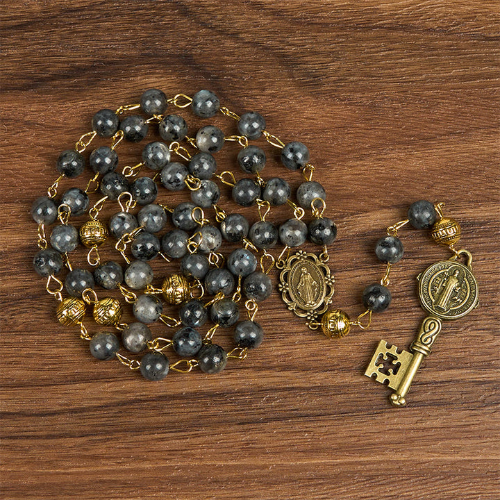 Christianartworkshop Wundertätige Medaille & Heiliger Benedikt Schlüssel aus 8 mm rundem schwarzem Stein Legierung Rosenkranz