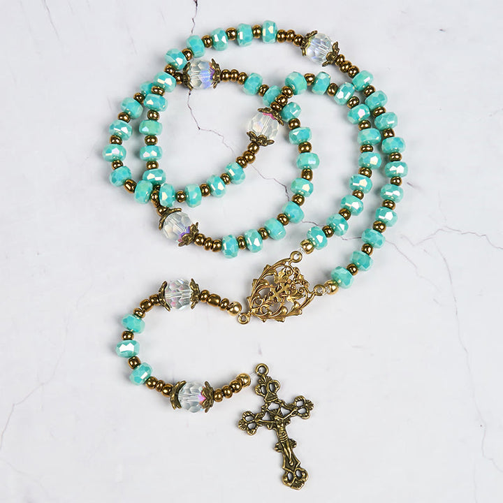 Christianartworkshop Lorraine-Kreuz und Kruzifix aus 8 mm Rondell, Aquamarin-Stein, Nylonschnur, Rosenkranz