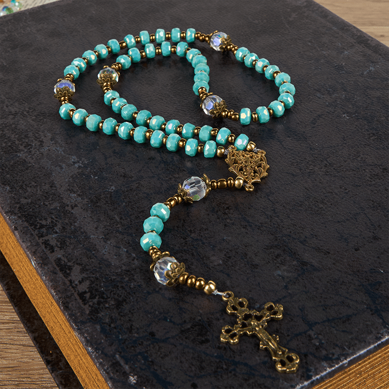 Christianartworkshop Lorraine-Kreuz und Kruzifix aus 8 mm Rondell, Aquamarin-Stein, Nylonschnur, Rosenkranz
