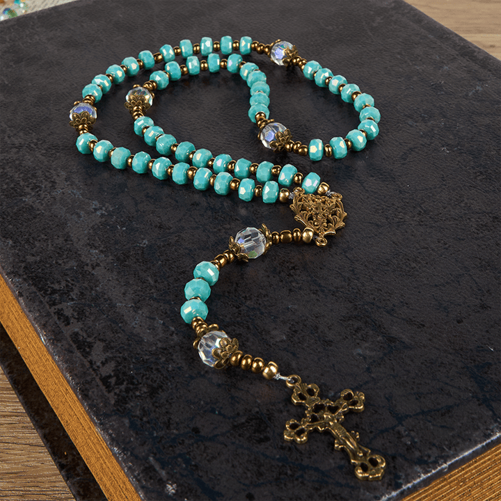 Christianartworkshop Lorraine-Kreuz und Kruzifix aus 8 mm Rondell, Aquamarin-Stein, Nylonschnur, Rosenkranz