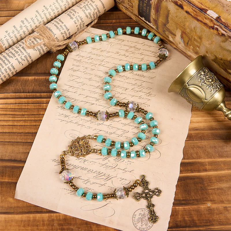 Christianartworkshop Lorraine-Kreuz und Kruzifix aus 8 mm Rondell, Aquamarin-Stein, Nylonschnur, Rosenkranz