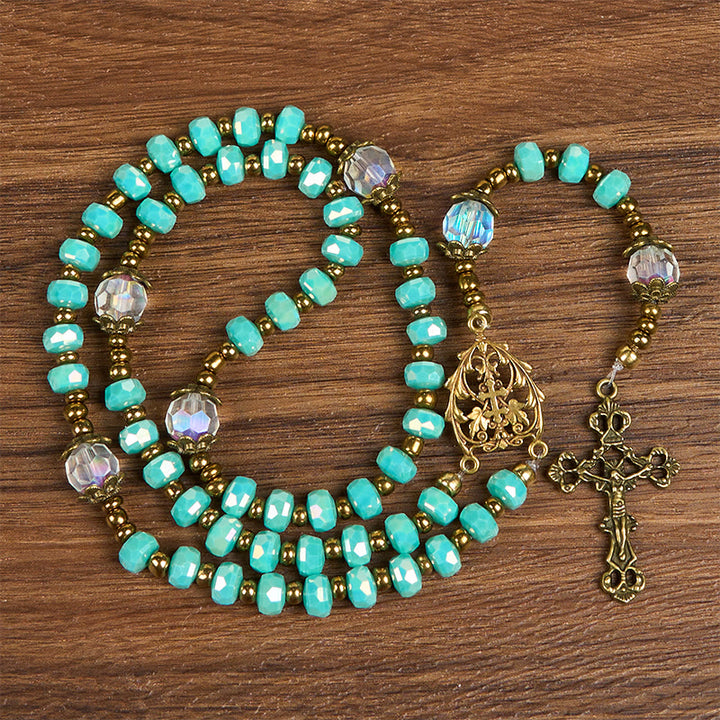 Christianartworkshop Lorraine-Kreuz und Kruzifix aus 8 mm Rondell, Aquamarin-Stein, Nylonschnur, Rosenkranz