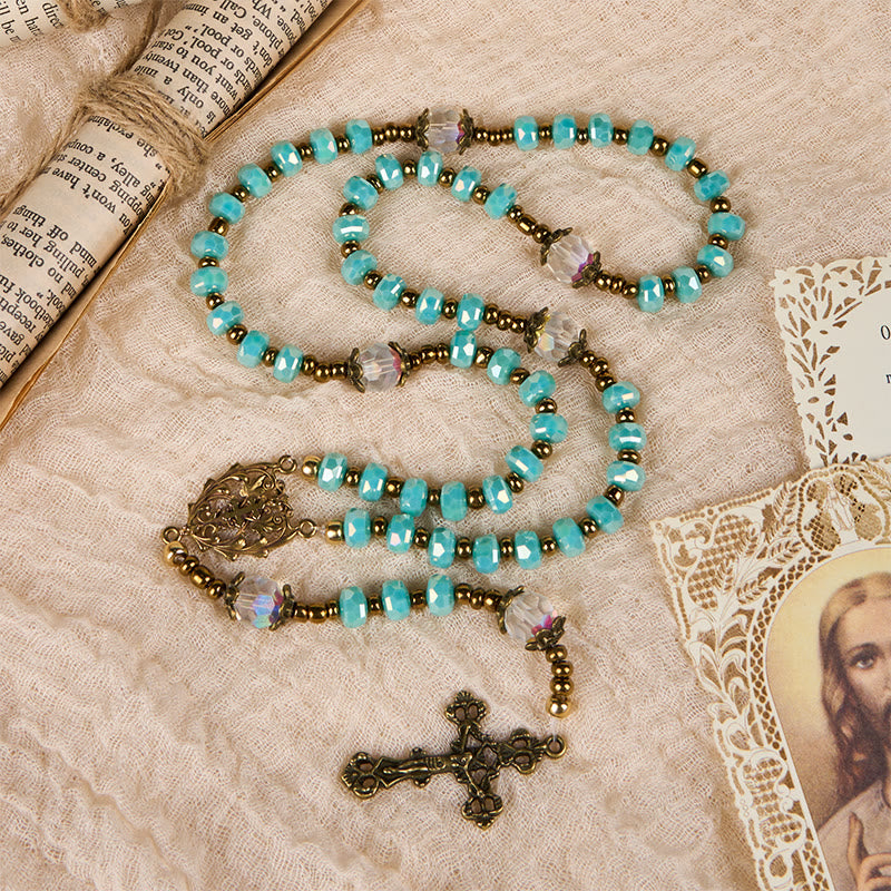 Christianartworkshop Lorraine-Kreuz und Kruzifix aus 8 mm Rondell, Aquamarin-Stein, Nylonschnur, Rosenkranz