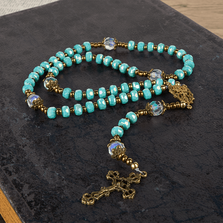 Christianartworkshop Lorraine-Kreuz und Kruzifix aus 8 mm Rondell, Aquamarin-Stein, Nylonschnur, Rosenkranz