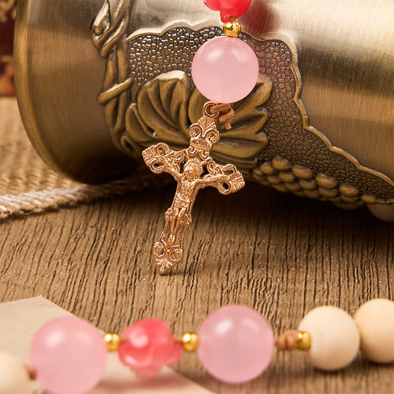 Christianartworkshop Wundertätige Medaille und Kruzifix aus 10 mm Naturholz, Gebetsperlen, handgefertigter Rosenkranz