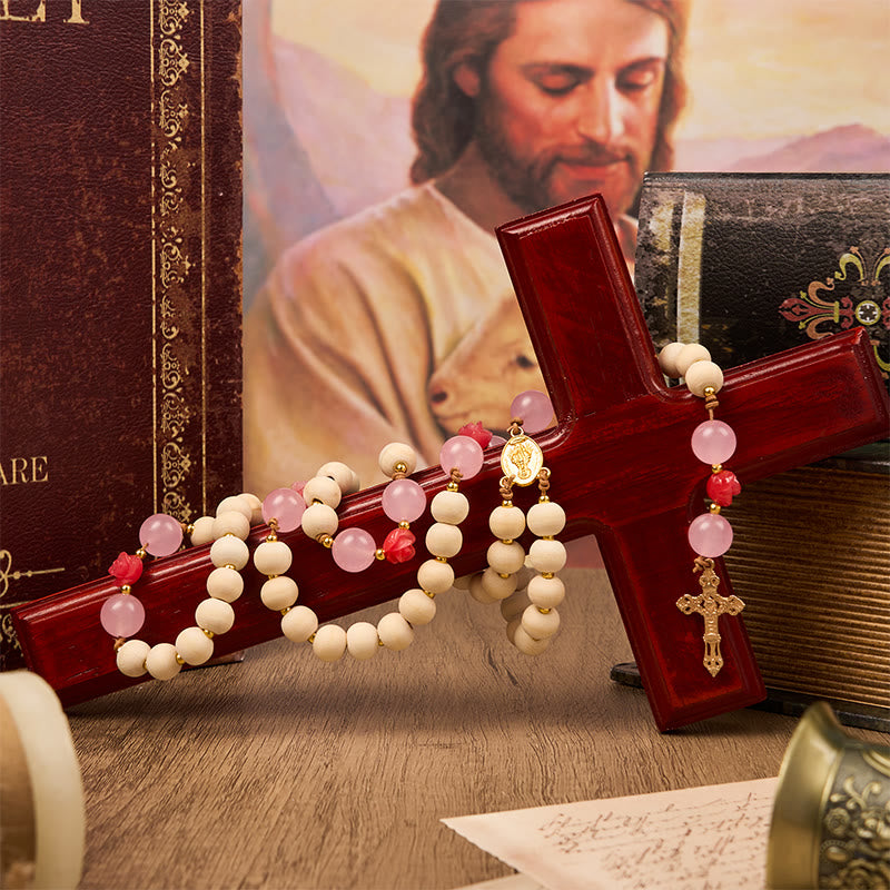 Christianartworkshop Wundertätige Medaille und Kruzifix aus 10 mm Naturholz, Gebetsperlen, handgefertigter Rosenkranz