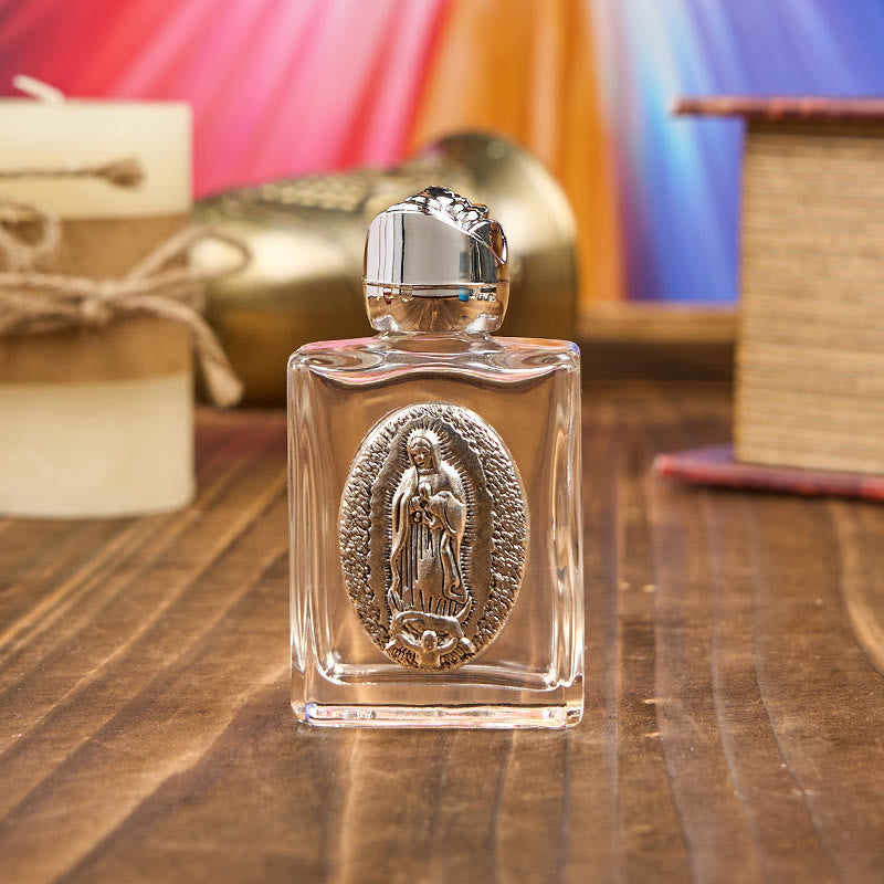 Christianartworkshop – Exklusiv gefertigte Weihwasserflasche „Unsere Liebe Frau von Guadalupe“ – ein Gefäß des Segens und des Schutzes - Silber - image 1