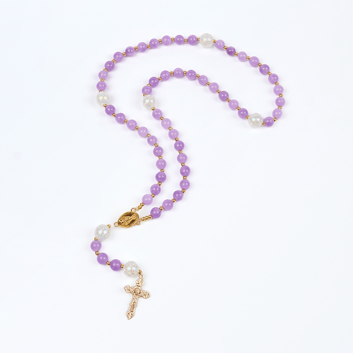 Christianartworkshop Wundertätige Medaille und Kruzifix aus 8 mm violetten runden Perlen, handgefertigter Rosenkranz