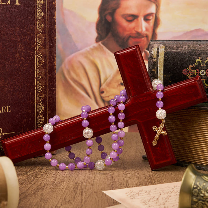 Christianartworkshop Wundertätige Medaille und Kruzifix aus 8 mm violetten runden Perlen, handgefertigter Rosenkranz