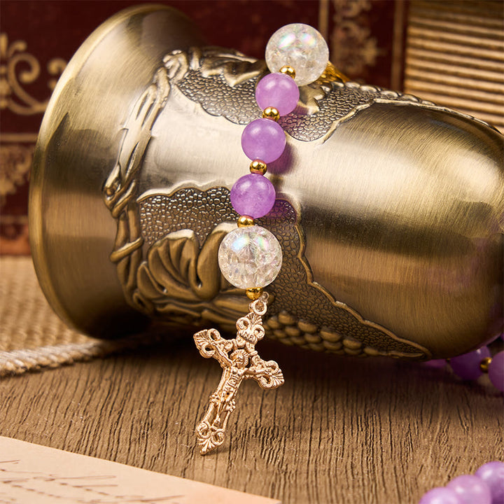 Christianartworkshop Wundertätige Medaille und Kruzifix aus 8 mm violetten runden Perlen, handgefertigter Rosenkranz