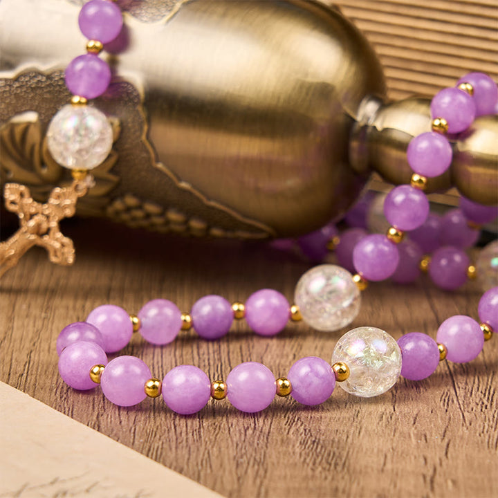 Christianartworkshop Wundertätige Medaille und Kruzifix aus 8 mm violetten runden Perlen, handgefertigter Rosenkranz