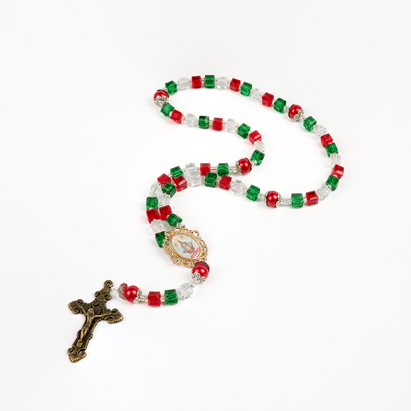 Christianartworkshop Rosenkranz „Unsere Liebe Frau von Guadalupe“ und Kruzifix aus 8 mm dreifarbigen Perlen, handgefertigt