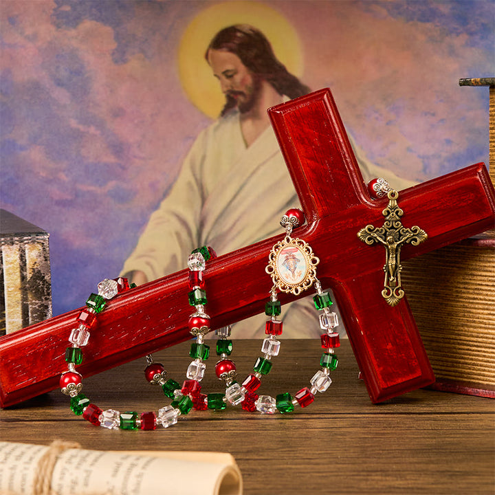 Christianartworkshop Rosenkranz „Unsere Liebe Frau von Guadalupe“ und Kruzifix aus 8 mm dreifarbigen Perlen, handgefertigt