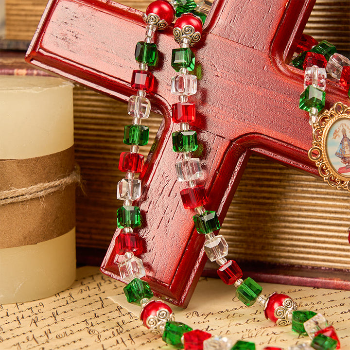 Christianartworkshop Rosenkranz „Unsere Liebe Frau von Guadalupe“ und Kruzifix aus 8 mm dreifarbigen Perlen, handgefertigt