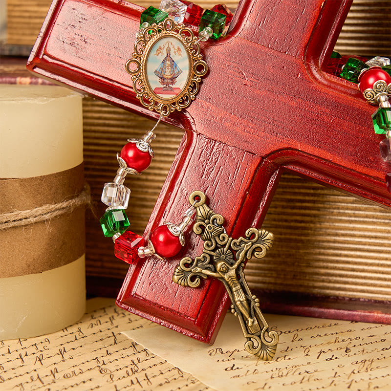 Christianartworkshop Rosenkranz „Unsere Liebe Frau von Guadalupe“ und Kruzifix aus 8 mm dreifarbigen Perlen, handgefertigt