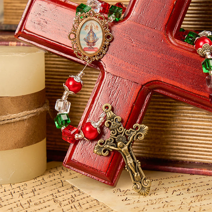 Christianartworkshop Rosenkranz „Unsere Liebe Frau von Guadalupe“ und Kruzifix aus 8 mm dreifarbigen Perlen, handgefertigt