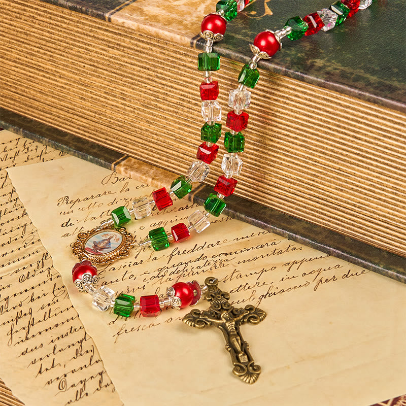 Christianartworkshop Rosenkranz „Unsere Liebe Frau von Guadalupe“ und Kruzifix aus 8 mm dreifarbigen Perlen, handgefertigt