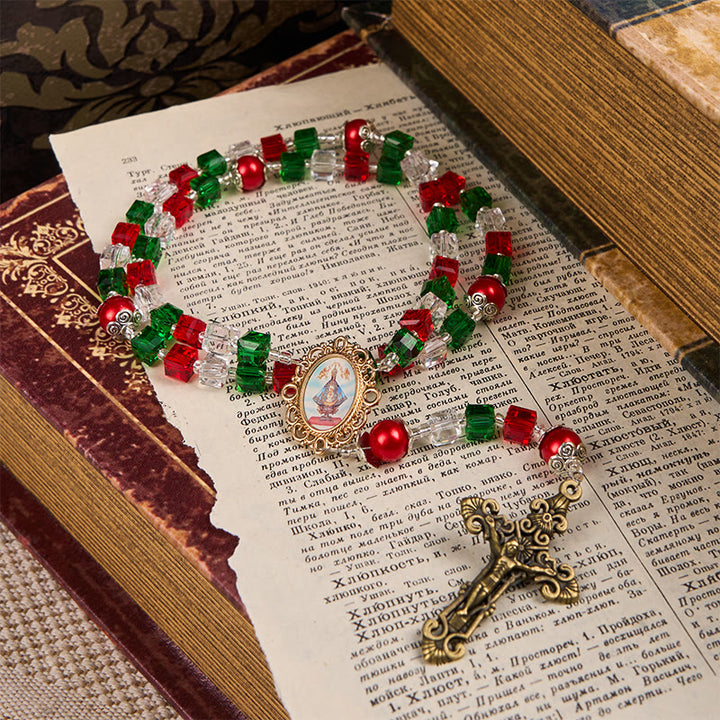 Christianartworkshop Rosenkranz „Unsere Liebe Frau von Guadalupe“ und Kruzifix aus 8 mm dreifarbigen Perlen, handgefertigt