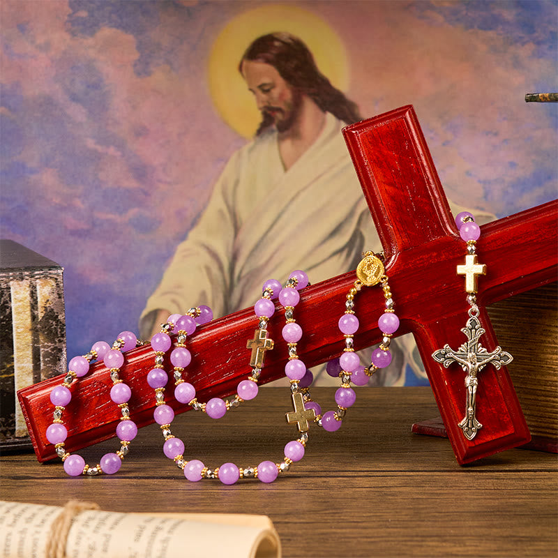 Christianartworkshop Wundertätige Medaille und Kruzifix aus 8 mm exquisiten Lavendelperlen, handgefertigter Rosenkranz