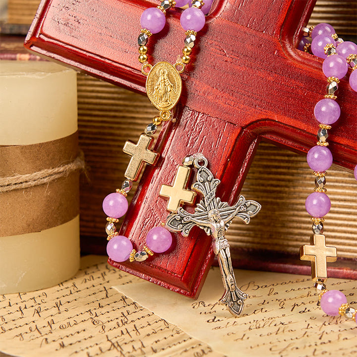 Christianartworkshop Wundertätige Medaille und Kruzifix aus 8 mm exquisiten Lavendelperlen, handgefertigter Rosenkranz