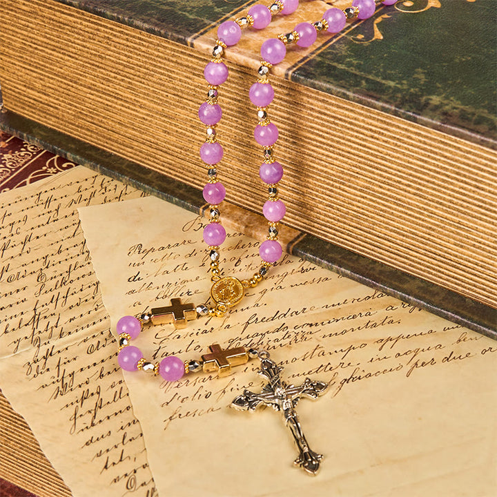 Christianartworkshop Wundertätige Medaille und Kruzifix aus 8 mm exquisiten Lavendelperlen, handgefertigter Rosenkranz