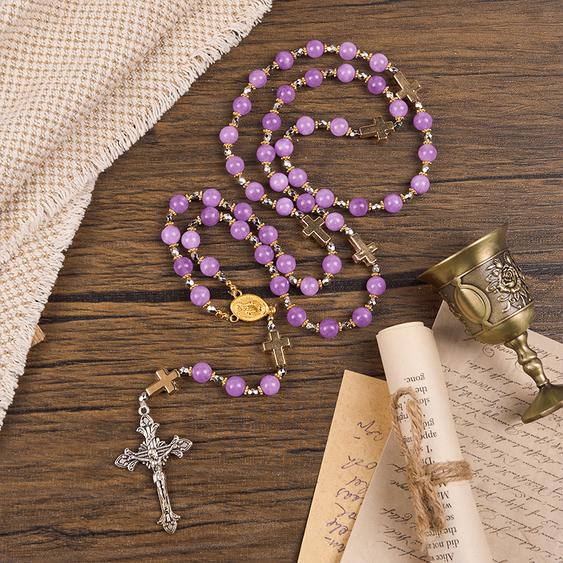 Christianartworkshop Wundertätige Medaille und Kruzifix aus 8 mm exquisiten Lavendelperlen, handgefertigter Rosenkranz