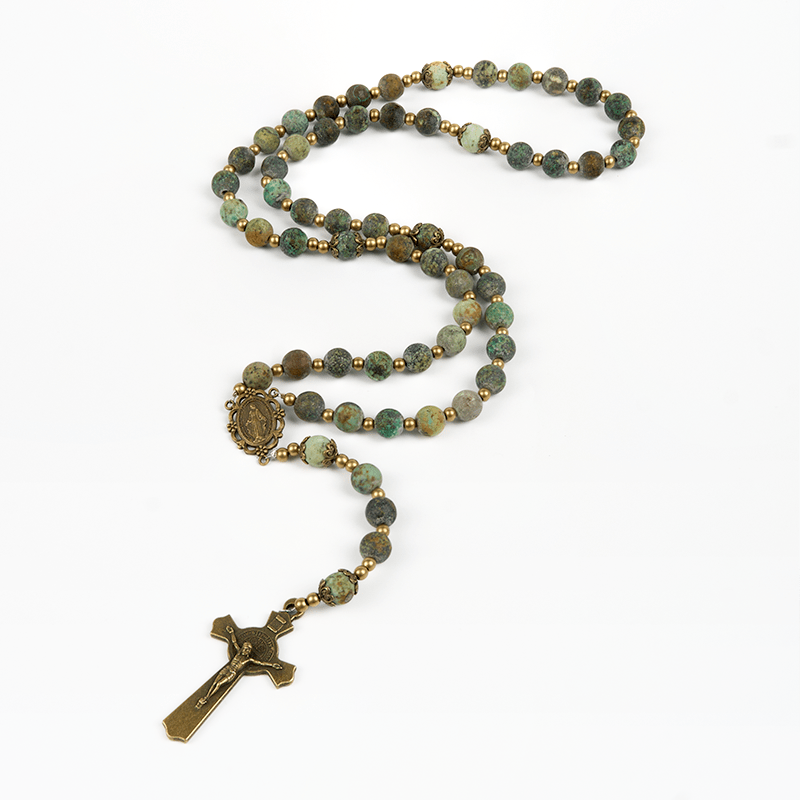 Christianartworkshop Wundertätige Medaille und Kruzifix im Retro-Stil, 8 mm, mattiertes afrikanisches Türkis, handgefertigter Rosenkranz