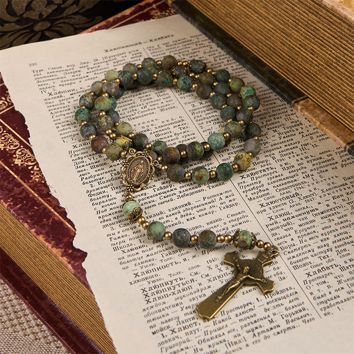 Christianartworkshop Wundertätige Medaille und Kruzifix im Retro-Stil, 8 mm, mattiertes afrikanisches Türkis, handgefertigter Rosenkranz
