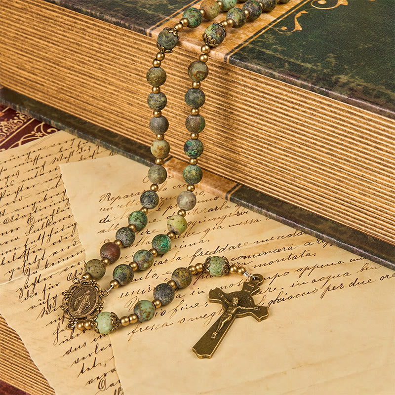 Christianartworkshop Wundertätige Medaille und Kruzifix im Retro-Stil, 8 mm, mattiertes afrikanisches Türkis, handgefertigter Rosenkranz