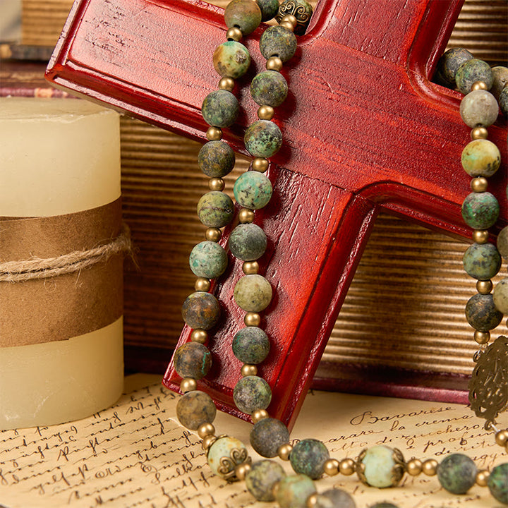 Christianartworkshop Wundertätige Medaille und Kruzifix im Retro-Stil, 8 mm, mattiertes afrikanisches Türkis, handgefertigter Rosenkranz